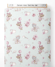 Tissu - Oursons roses sur fond bleu clair