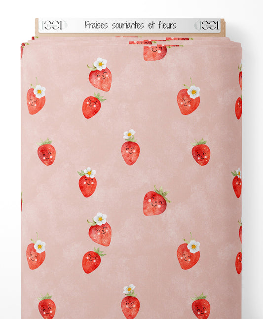 Tissu - Fraises souriantes et fleurs