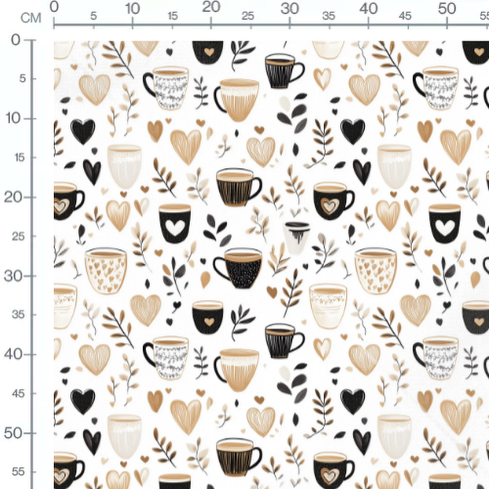 Tissu - tasses de cafe et cœurs