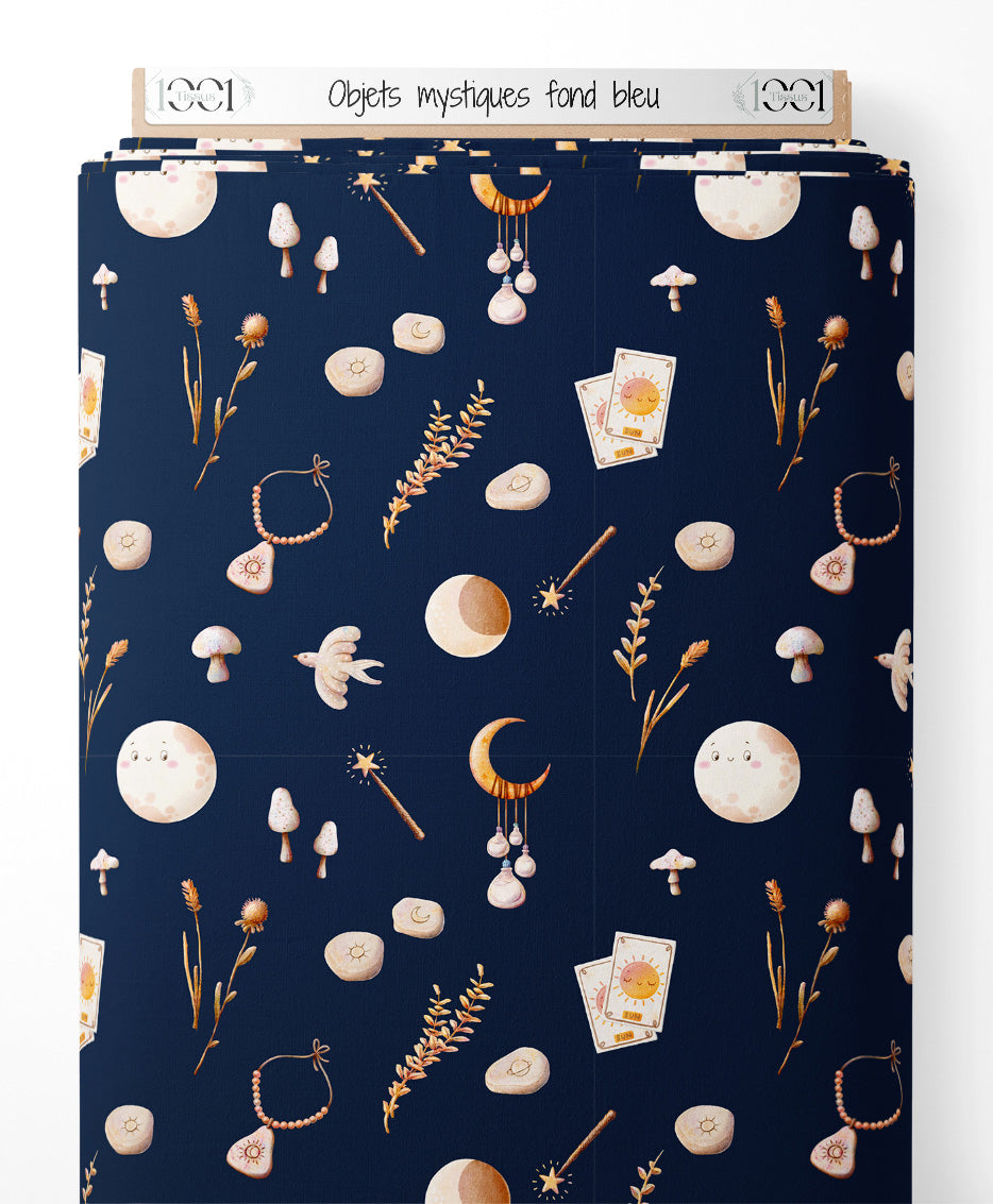 Tissu - Objets mystiques sur fond bleu
