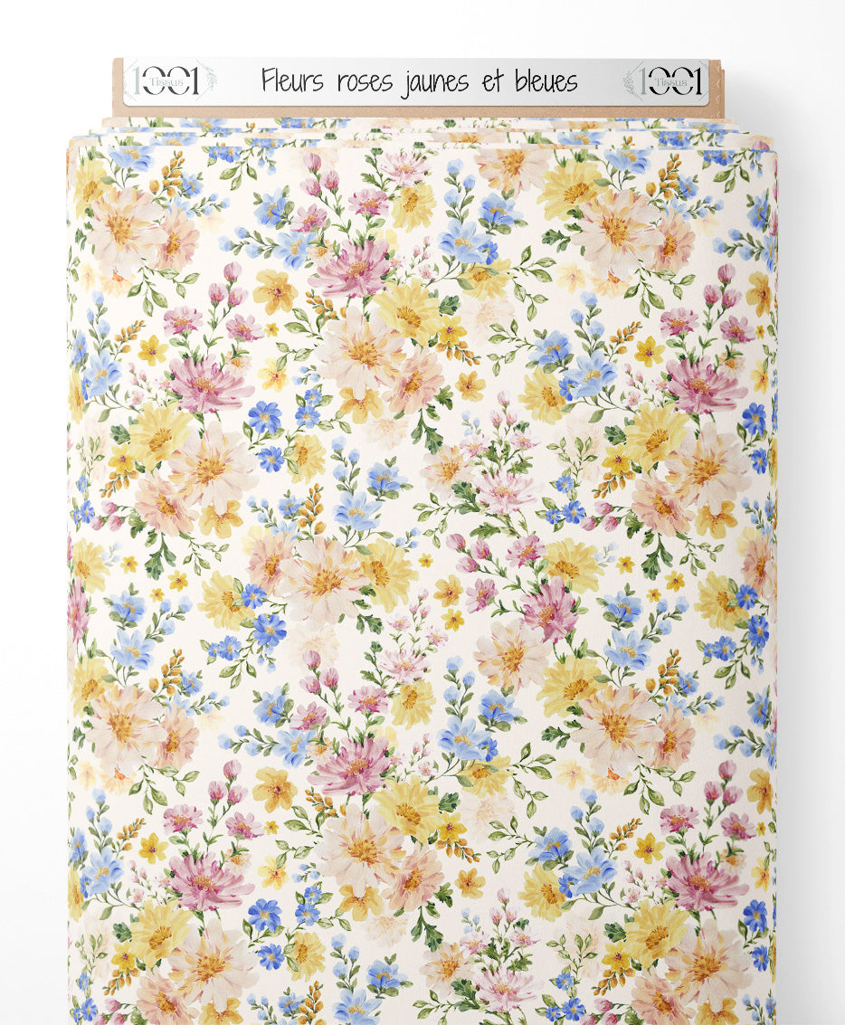 Tissu - Fleurs roses, jaunes et bleues