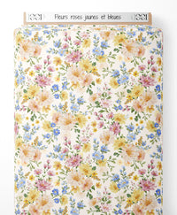 Tissu - Fleurs roses, jaunes et bleues