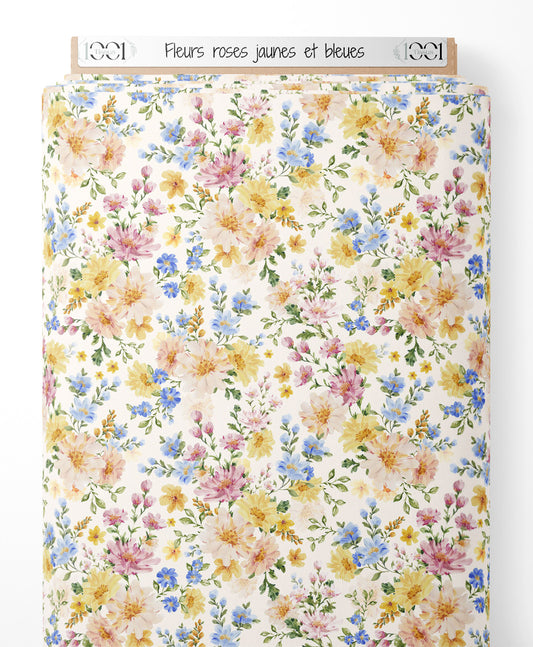 Tissu - Fleurs roses, jaunes et bleues