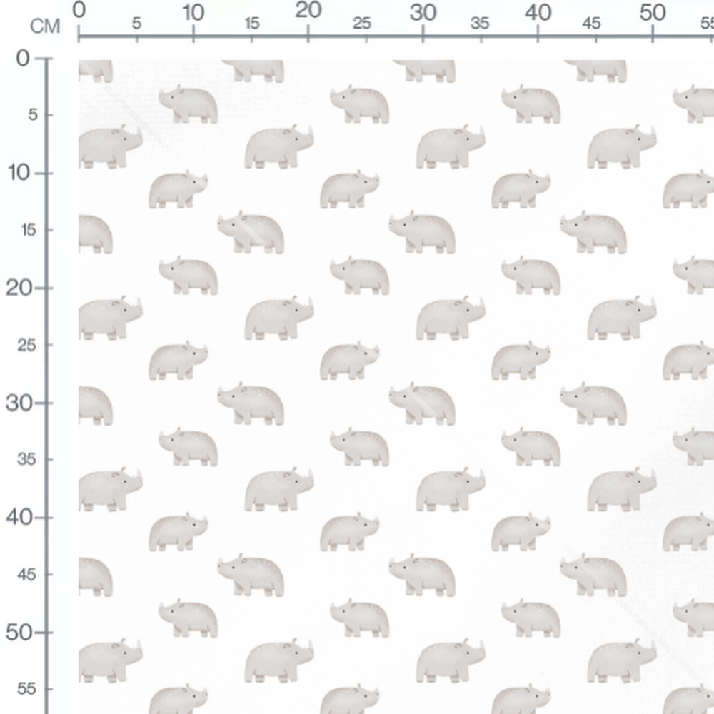 Tissu - Rhinocéros gris sur blanc