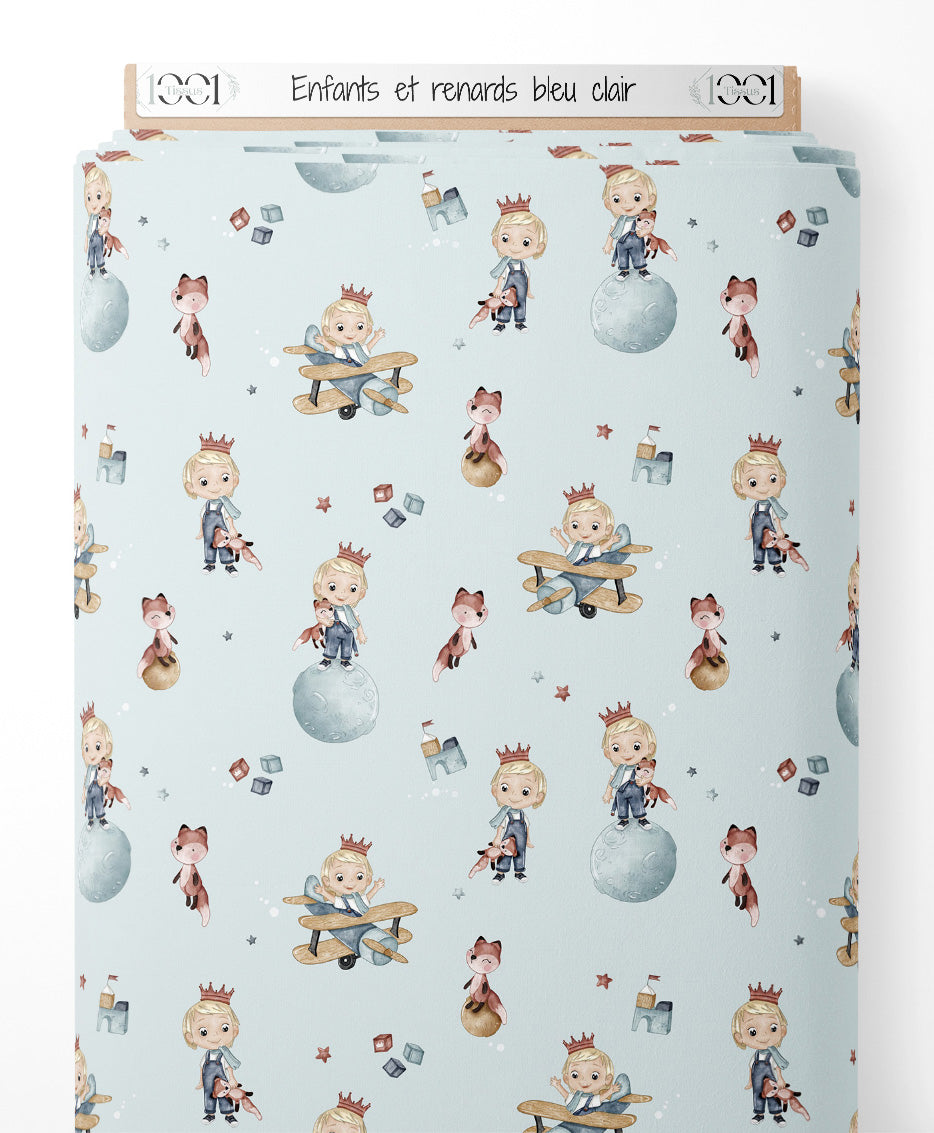 Tissu - Enfants et renards bleu clair