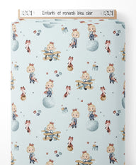 Tissu - Enfants et renards bleu clair
