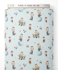 Tissu - Enfants et renards bleu clair
