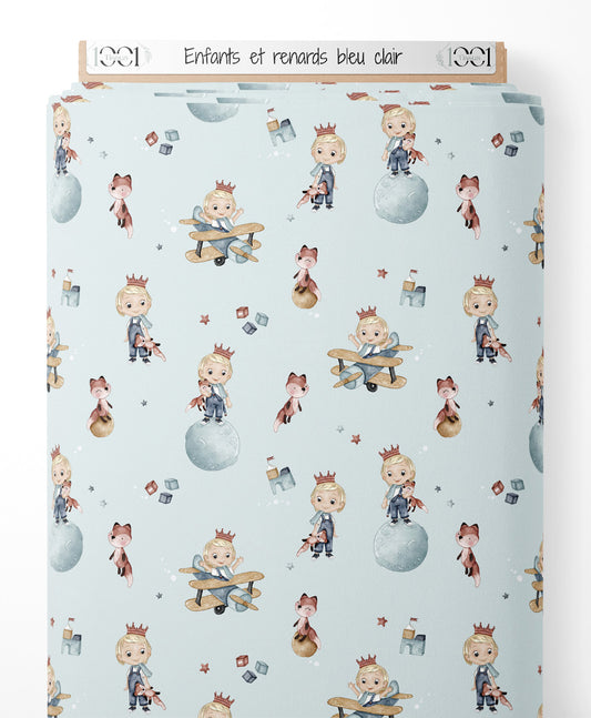 Tissu - Enfants et renards bleu clair