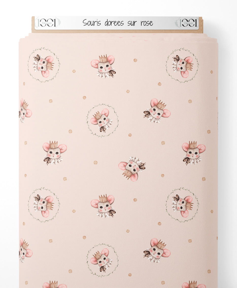 Tissu - Souris dorées sur rose