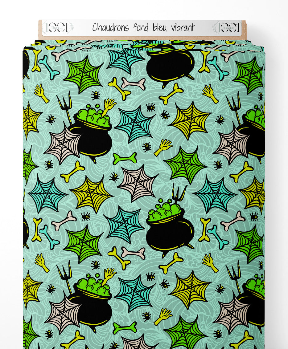 Tissu - Chaudrons sur fond bleu vibrant