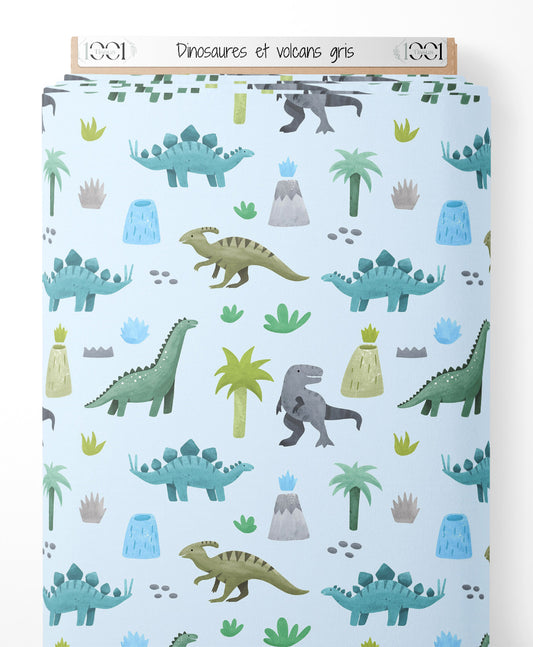 Tissu - Dinosaures et volcans gris