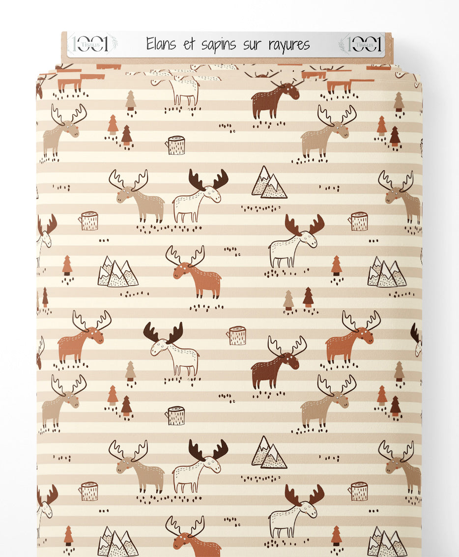 Tissu - Élans et sapins sur rayures