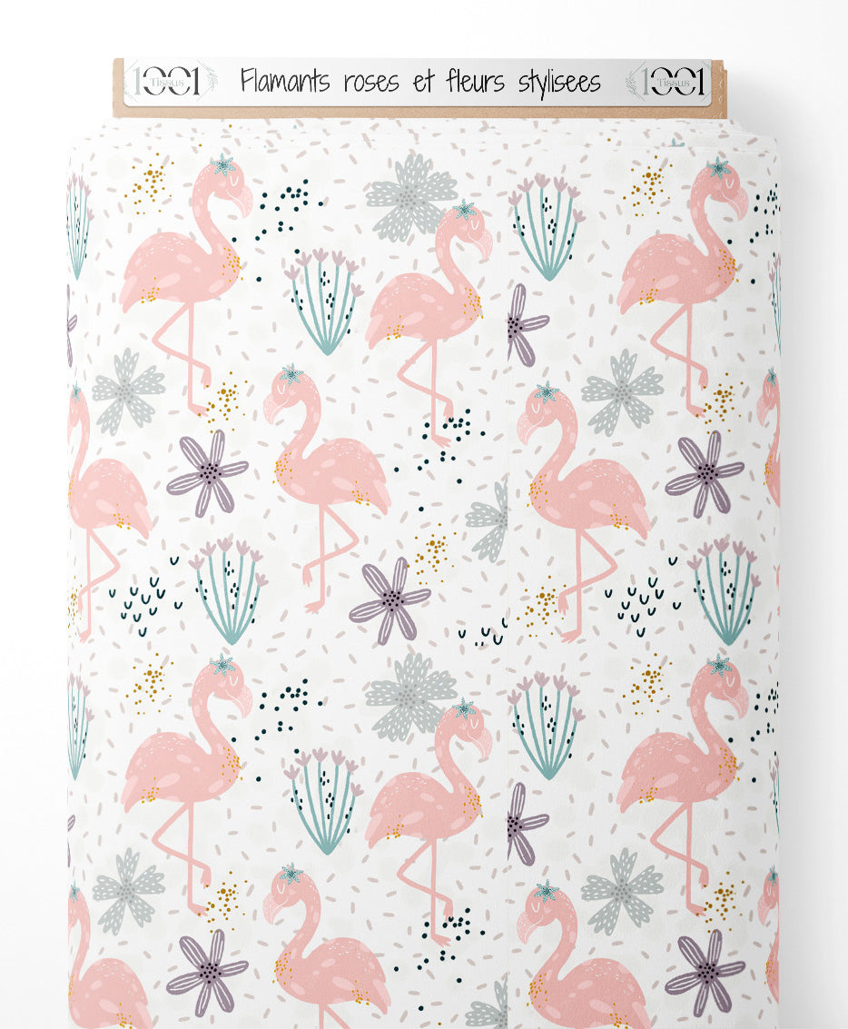 Tissu - Flamants roses et fleurs stylisées