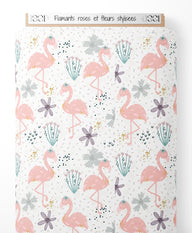 Tissu - Flamants roses et fleurs stylisées