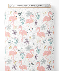 Tissu - Flamants roses et fleurs stylisées