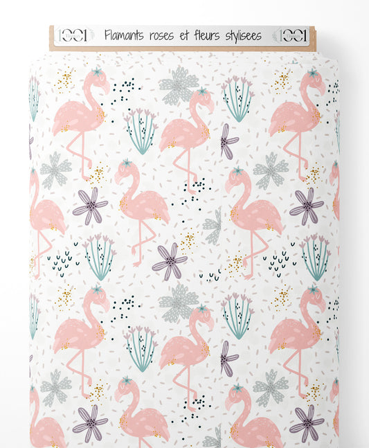Tissu - Flamants roses et fleurs stylisées