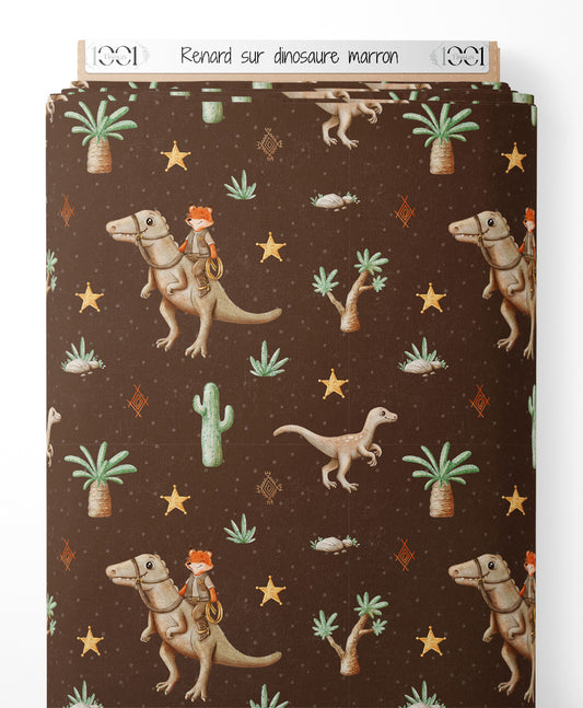 Tissu - Renard sur dinosaure marron