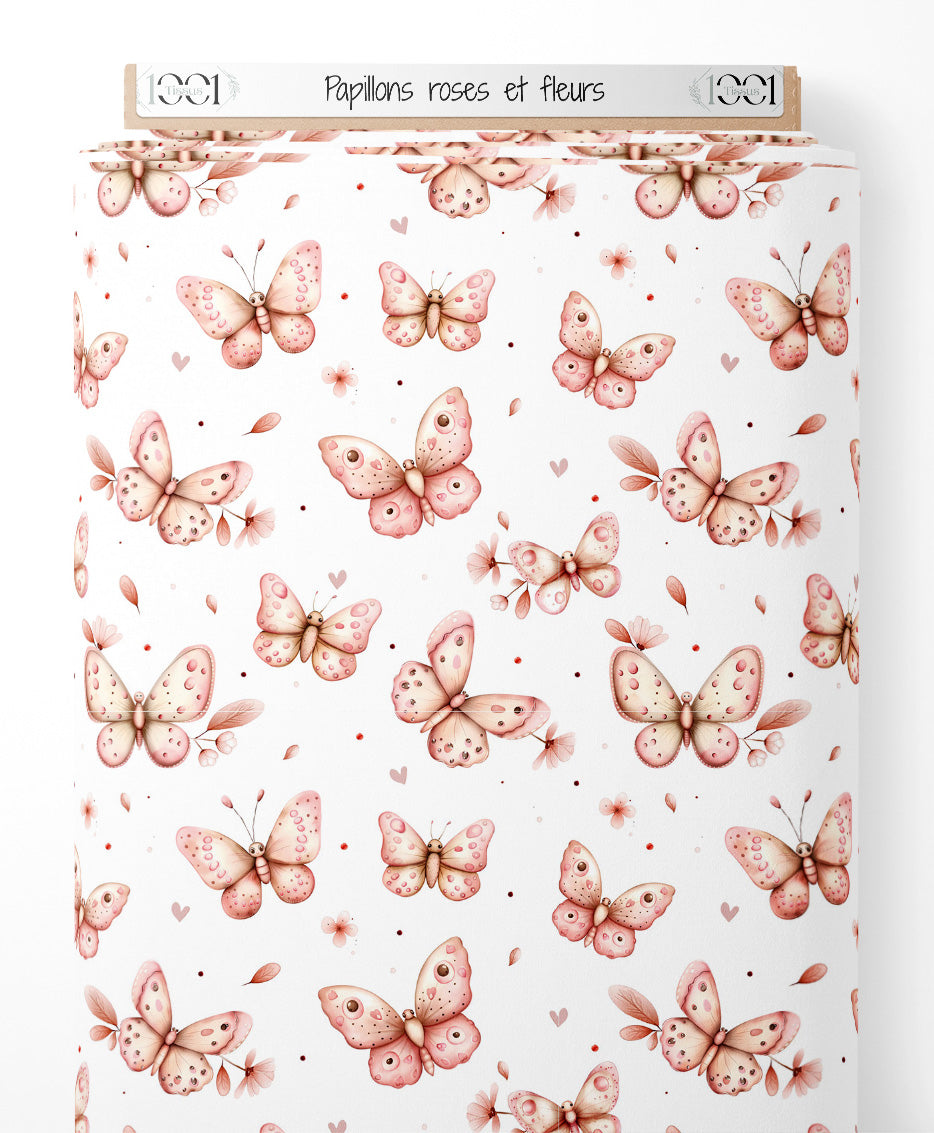 Tissu - Papillons roses et fleurs