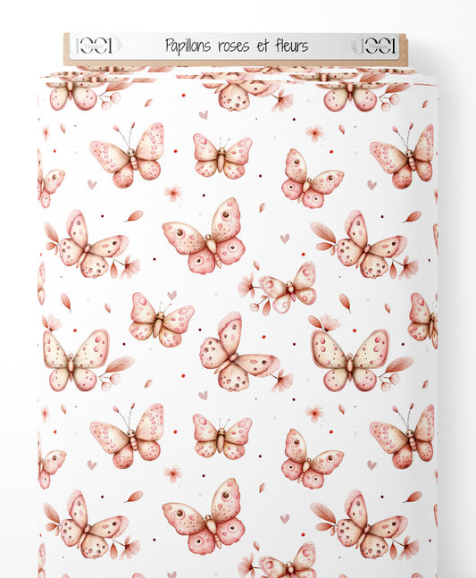 Tissu - Papillons roses et fleurs