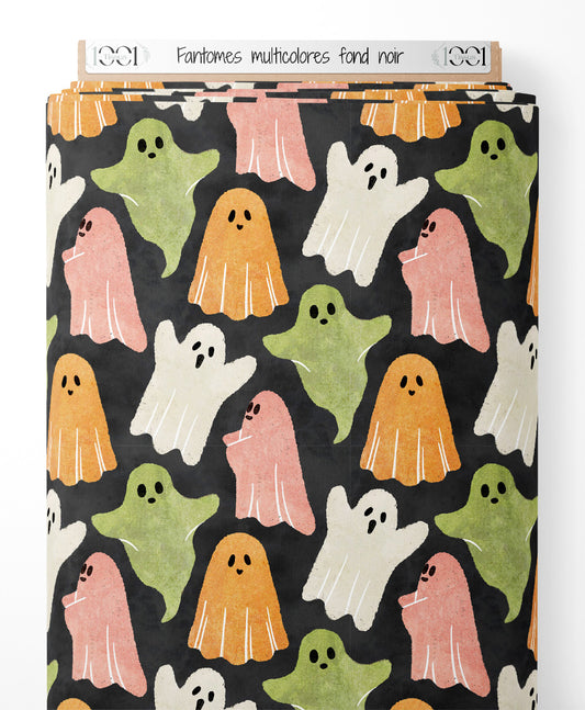 Tissu - Fantômes multicolores sur fond noir