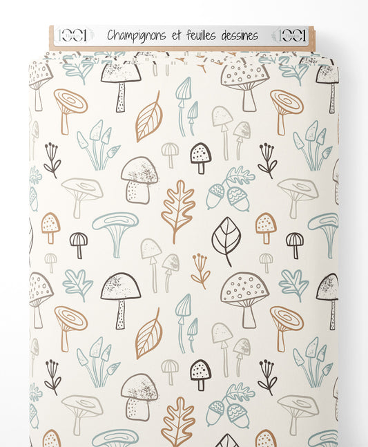 Tissu - Champignons et feuilles dessinés