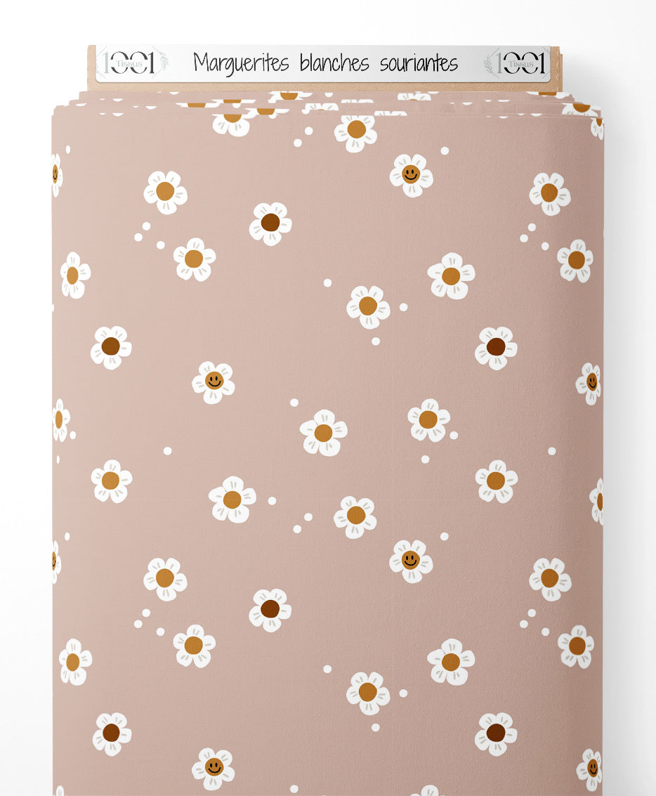 Tissu - Marguerites blanches souriantes