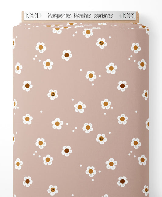 Tissu - Marguerites blanches souriantes