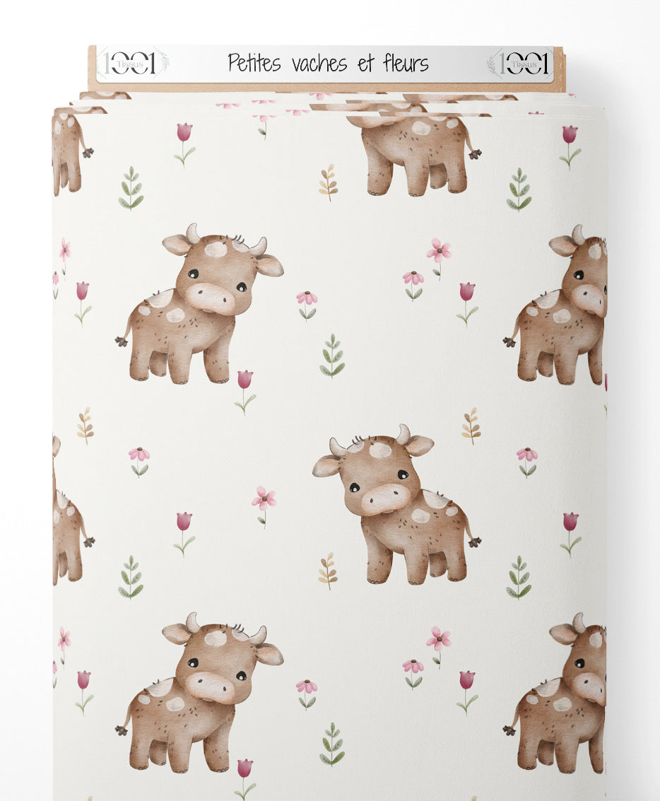 Tissu - Petites vaches et fleurs