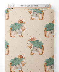 Tissu - Ours et lapin sur beige