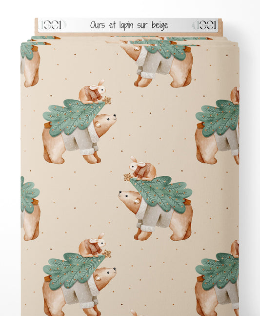 Tissu - Ours et lapin sur beige