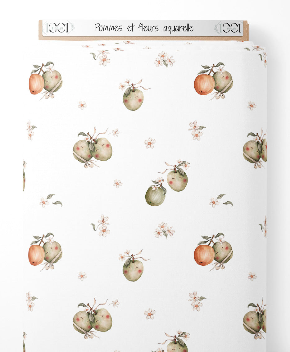 Tissu - Pommes et fleurs aquarelle