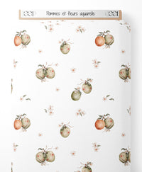 Tissu - Pommes et fleurs aquarelle