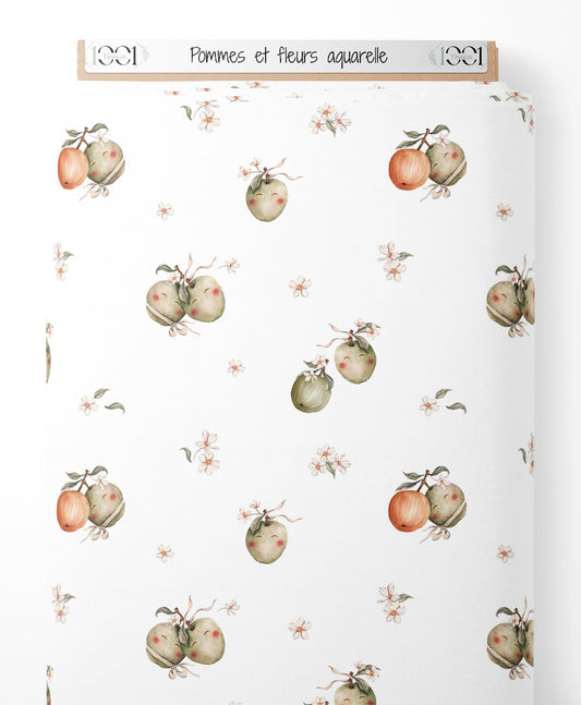 Tissu - Pommes et fleurs aquarelle