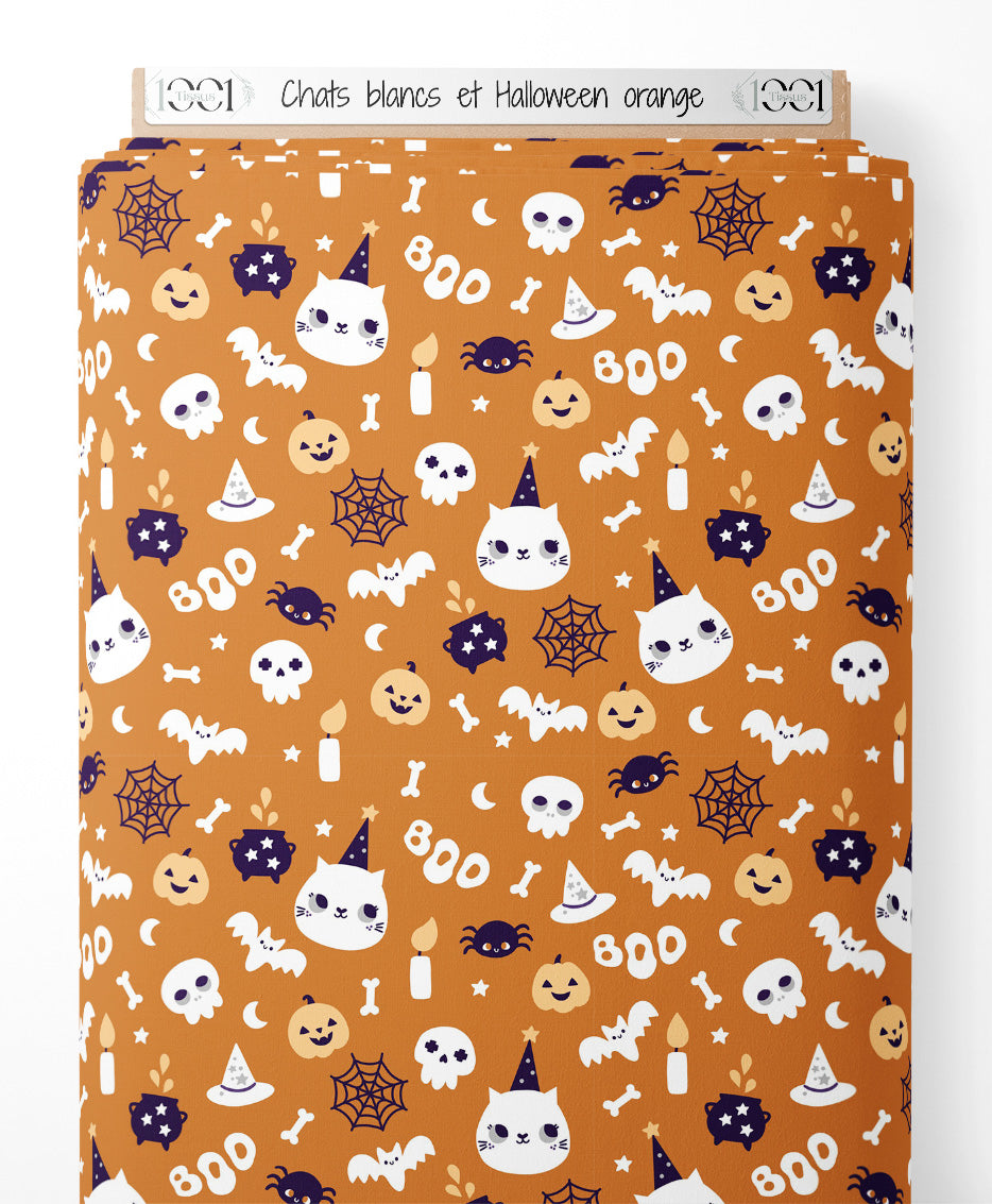 Tissu - Chats blancs et Halloween orange