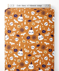 Tissu - Chats blancs et Halloween orange