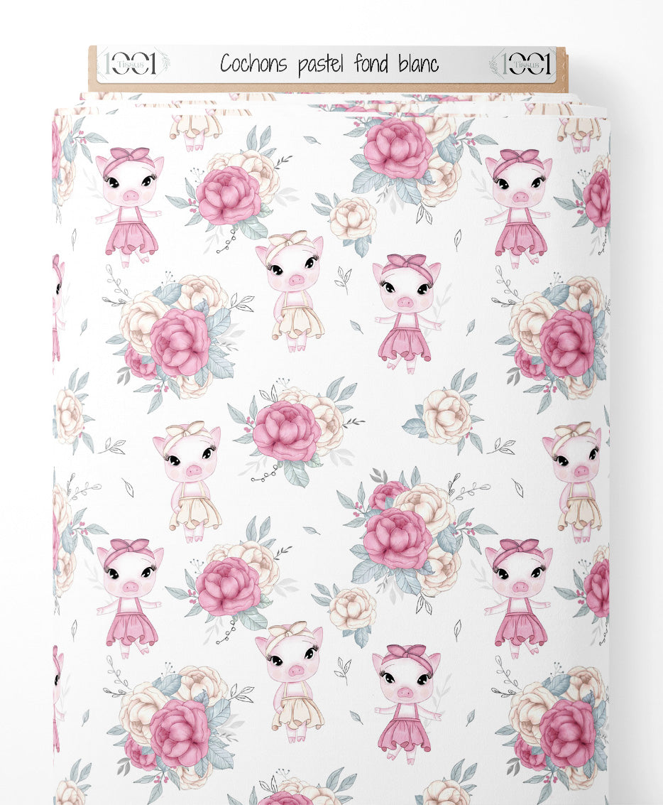 Tissu - Cochons pastel sur fond blanc