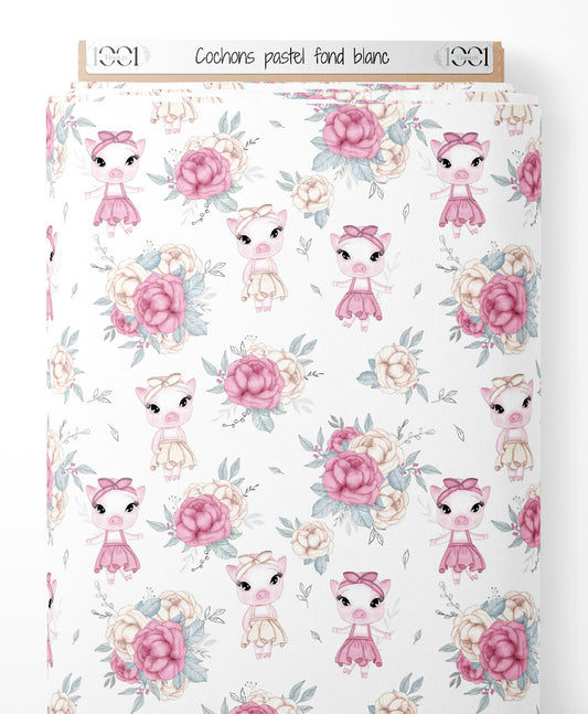 Tissu - Cochons pastel sur fond blanc