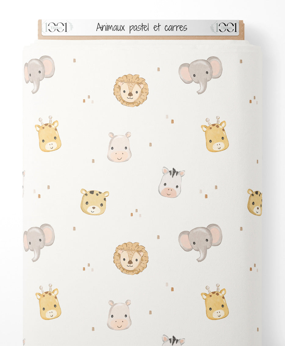 Tissu - Animaux pastel et carrés