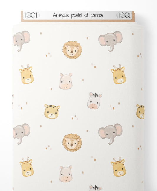 Tissu - Animaux pastel et carrés