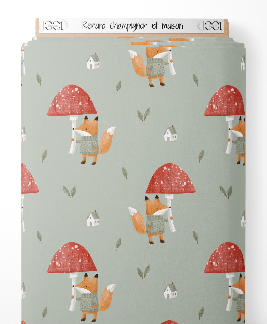 Tissu - Renard champignon et maison