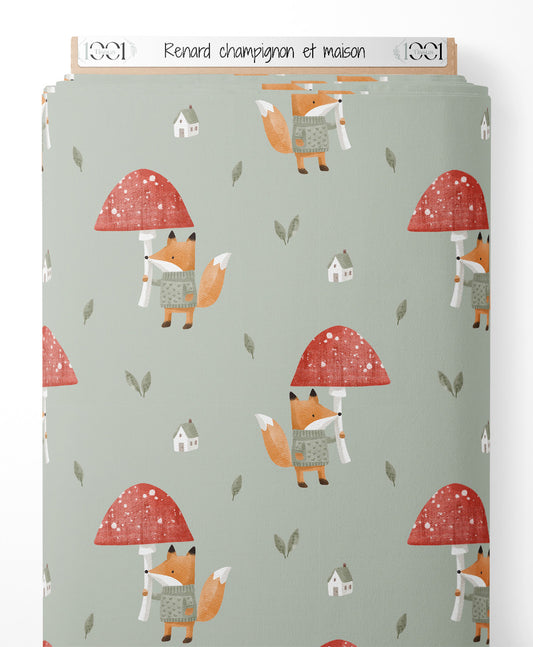 Tissu - Renard champignon et maison