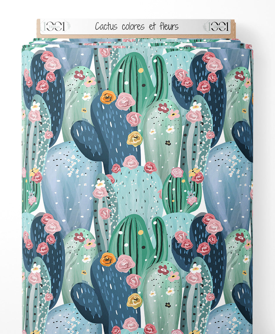 Tissu - Cactus colorés et fleurs