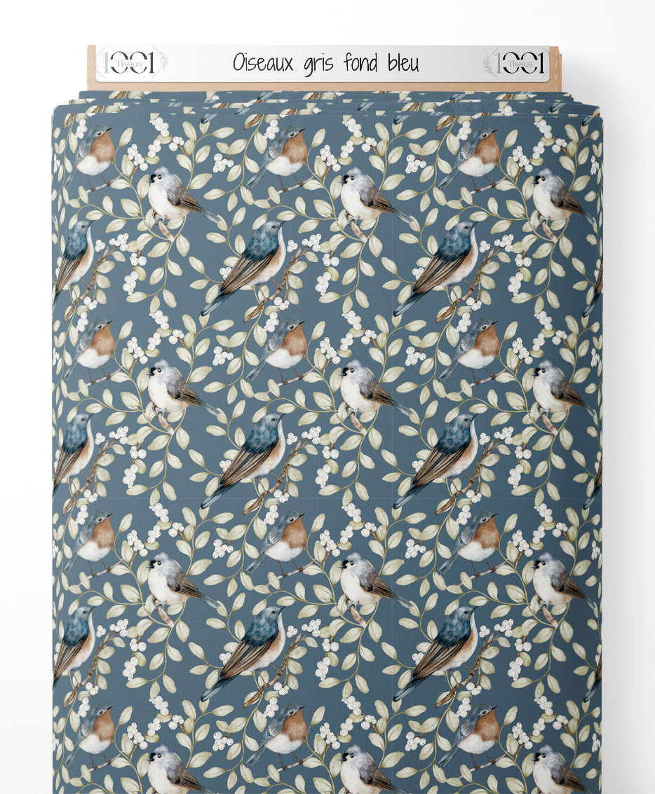 Tissu - Oiseaux gris sur fond bleu