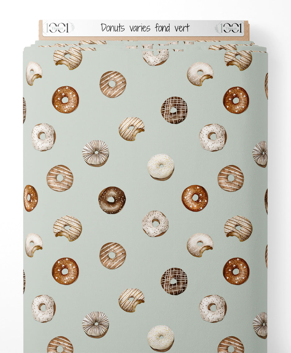 Tissu - Donuts variés sur fond vert