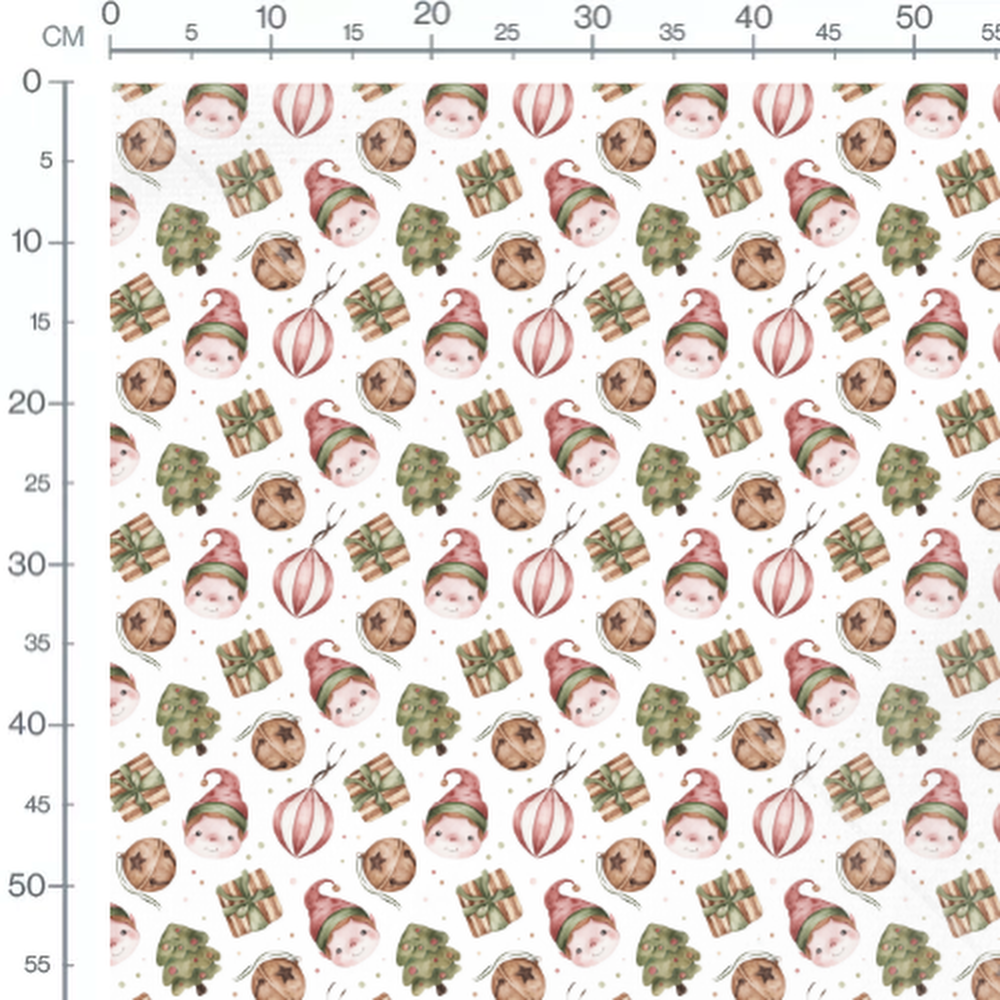 Tissu - Lutins et sapins sur blanc