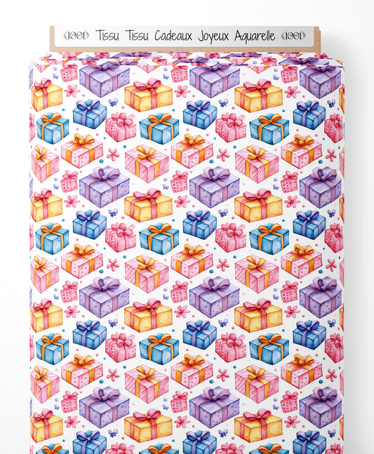 Tissu - Tissu Cadeaux Joyeux Aquarelle