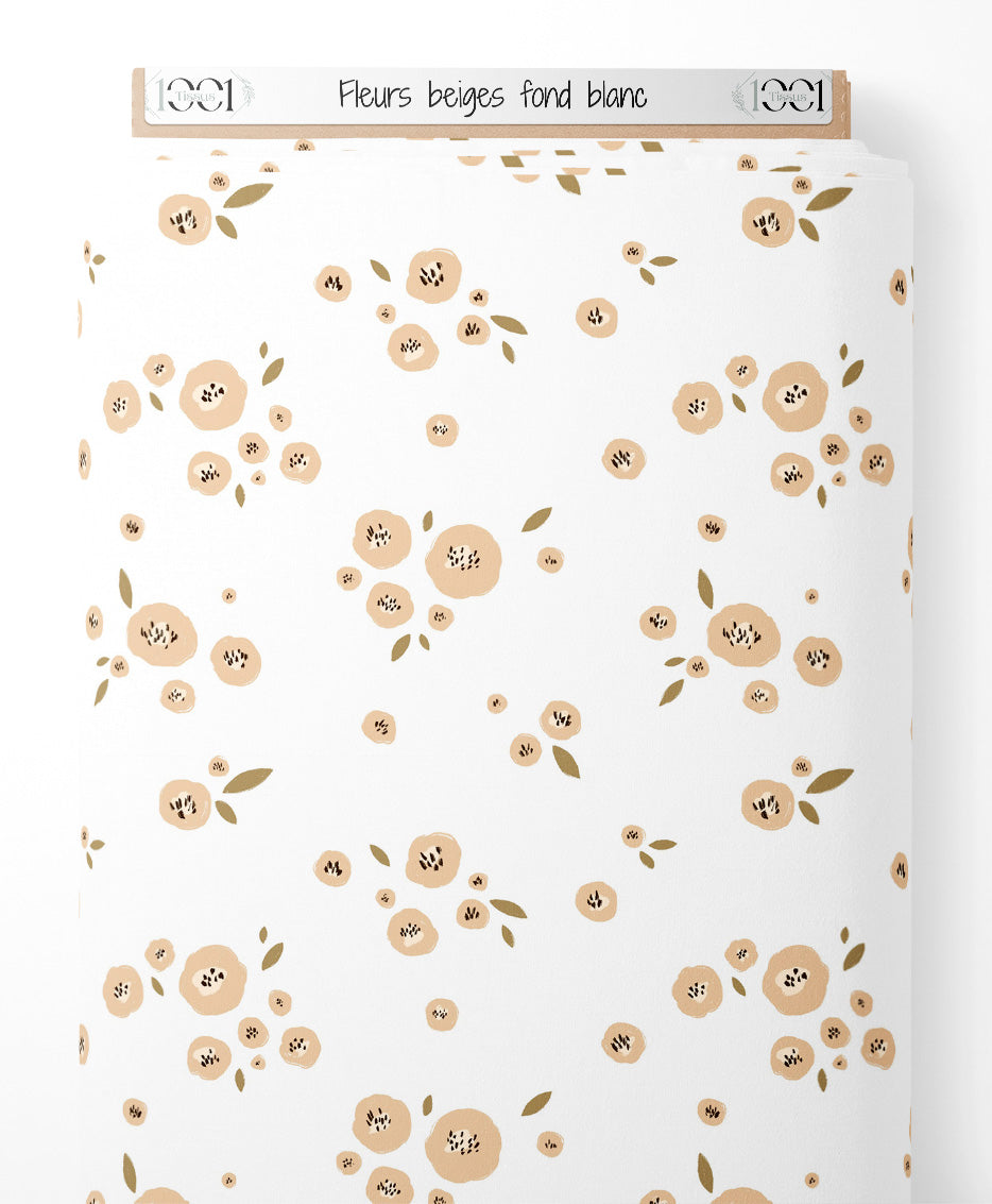 Tissu - Fleurs beiges sur fond blanc
