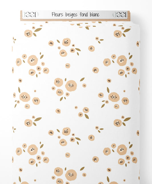 Tissu - Fleurs beiges sur fond blanc