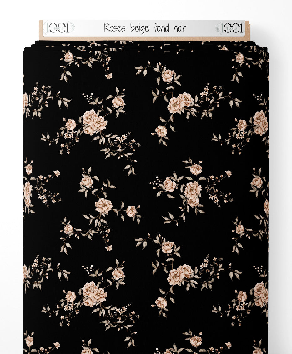 Tissu - Roses beige sur fond noir