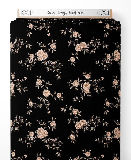 Tissu - Roses beige sur fond noir